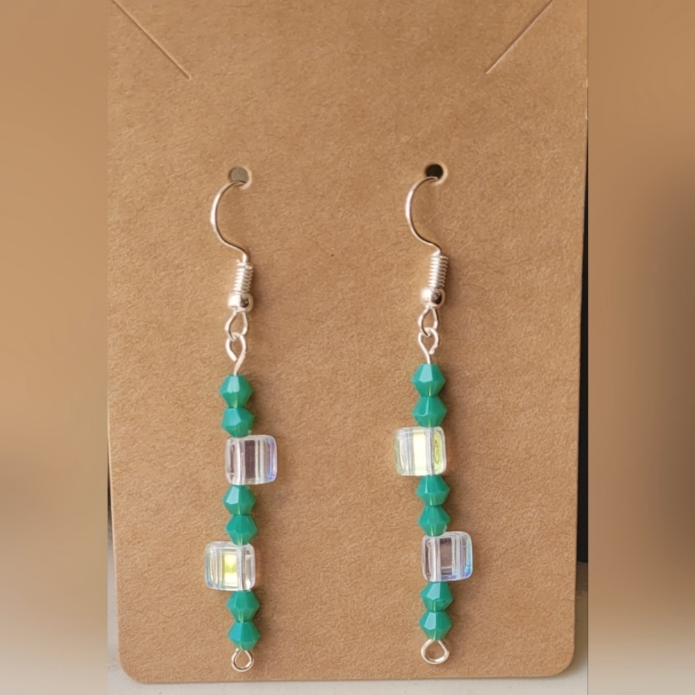 Handcrafted green bicone crystal and clear AB crystal dangle earrings